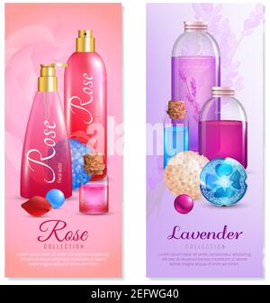 Bagnomaria cosmetici fatti a mano Banners verticali con rosa profumata e. prodotti di bellezza aromatizzati alla lavanda con illustrazione vettoriale del testo Illustrazione Vettoriale