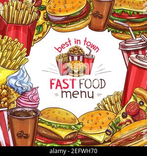 Modello di disegno del menu del ristorante fast food per hamburger o panini, bevande o dessert e spuntini da asporto. Vector combo pasti caldo do Illustrazione Vettoriale