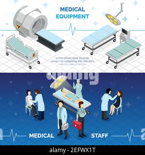 Materiale medico e personale medico banner orizzontali con tecnologia avanzata dispositivi medici e pazienti illustrazione vettoriale isometrica Illustrazione Vettoriale