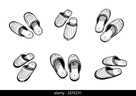 Set di coppie pantofole da letto schizzo disegnato a mano. Le calzature per la casa abbinano la collezione di doodle in bianco e nero. Illustrazione vettoriale isolata Illustrazione Vettoriale