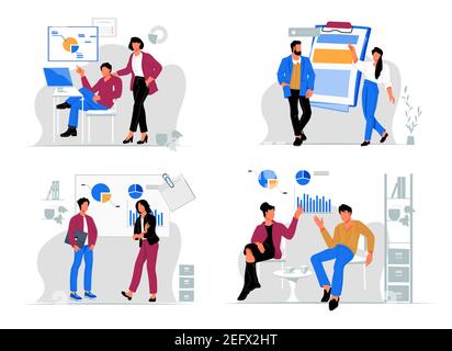 Insieme di persone diverse tra i grafici. Infografiche dei processi di lavoro in ufficio per qualsiasi concetto aziendale, come analisi, brainstorming o partnership A. Illustrazione Vettoriale