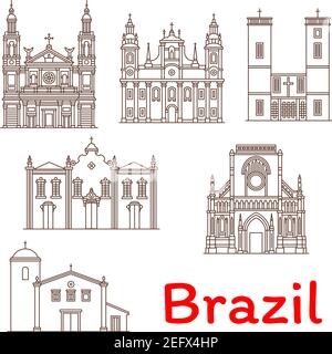 Monumenti architettonici brasiliani e famosi edifici icone linea di facciata. Serie vettoriale di chiese brasiliane, cattedrali e cappelle di San Benedetto, Nossa Illustrazione Vettoriale