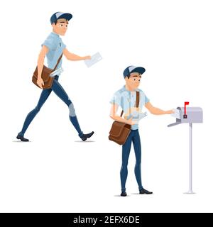 Postino al lavoro che consegna buste di lettere alla casella postale. Vettore mailman uomo in uniforme con borsa Messenger che consegna pacchi o lettere postali per posta Illustrazione Vettoriale