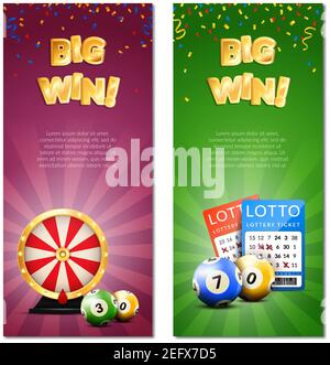 Striscioni verticali in lotteria con immagini decorative di confetti realistici accessori per giochi biglietti per lotterie e immagini vettoriali di testo modificabili Illustrazione Vettoriale