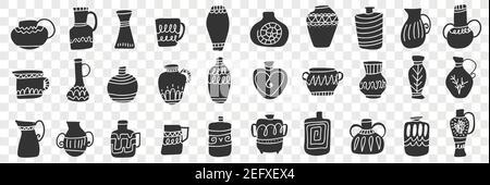 Caraffe e contenitori doodle Set. Collezione di silhouette scure disegnate a mano di brocche e tazze in argilla di varie forme e stili isolati su sfondo trasparente Illustrazione Vettoriale