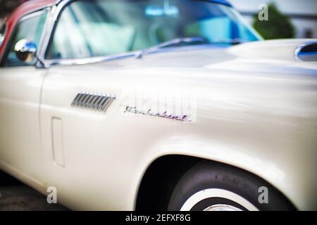 Primo piano Vista di aFender con script di un classico Ford Thunderbird Automobile Foto Stock