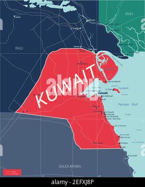 Paese Kuwait Mappa dettagliata modificabile con regioni città e città, strade e ferrovie, siti geografici. File vettoriale EPS-10 Illustrazione Vettoriale