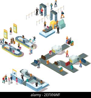 Composizioni isometriche aeroportuali con turisti durante la registrazione, vicino al carosello bagagli, personale di smistamento bagagli isolato illustrazione vettoriale Illustrazione Vettoriale