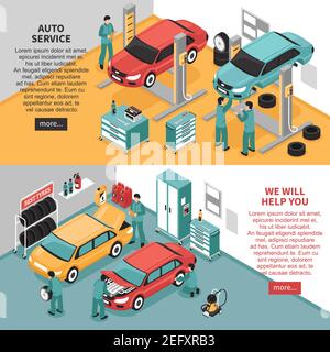 Colorato centro di servizio automatico isometrico banner orizzontali set 3d isolato illustrazione vettoriale Illustrazione Vettoriale