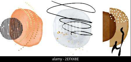 Acquerelli dipinti blob, astratte forme Vector. Spruzzi d'inchiostro acquerello, macchie rotonde dipinte a mano, isolate su bianco. Pittura grafica, neutro p Illustrazione Vettoriale