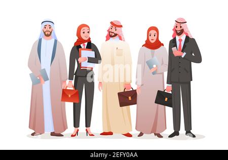 Gruppo di imprenditori arabi, gruppo etnico di giovani imprenditori arabi in piedi Illustrazione Vettoriale
