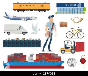 Le icone flat per i servizi postali relative alla consegna della posta e al vettore postino. Simboli isolati dell'ufficio postale, del timbro, del trasporto di merci di nave o di aria Illustrazione Vettoriale