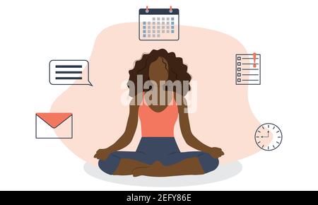 Donna d'affari meditando e rilassandosi con calendario, messaggio di testo, elenco di attività, e-mail, orologio in background Illustrazione Vettoriale