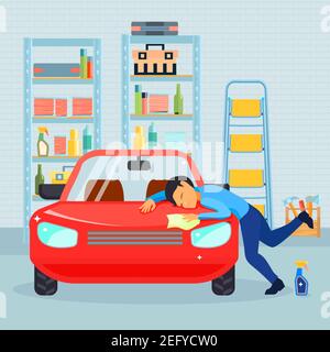 Colorato piatto maschio ama la sua composizione auto con l'uomo lavaggi la sua auto in garage vettore illustrazione Illustrazione Vettoriale
