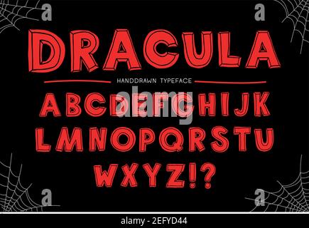 Spaventosa scritta halloween. Tipo di vettore rosso tagliato isolato su sfondo scuro. Carattere vettoriale disegnato a mano. Alfabeto di Dracula. Tipo decorativo Illustrazione Vettoriale
