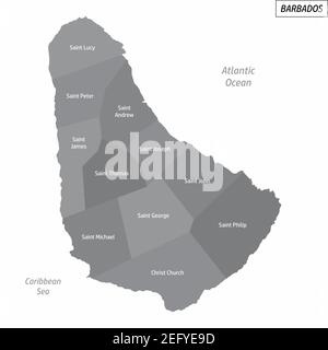 La mappa amministrativa in scala di grigi delle Barbados con etichette Illustrazione Vettoriale