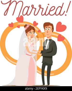 Matrimonio divorzio impostato sfondo piatto con sposato sposato sposa e sposare i personaggi con gli anelli di nozze illustrazione vettoriale Illustrazione Vettoriale