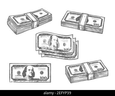 Banconote in dollari pacchetti di denaro icone di schizzo. Insieme isolato vettore di 100 dollari o carta di denaro o banconote Cash Pack legato per il settore bancario o finanziario An Illustrazione Vettoriale