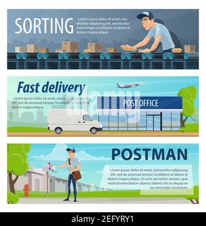 Banner di spedizione postale e di servizio postale del trasporto postale e del postino al centro di smistamento. Design piatto vettoriale dei pacchi post-erogazione Illustrazione Vettoriale