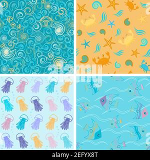 Collezione colorata di motivi di vita marina senza giunture Illustrazione Vettoriale