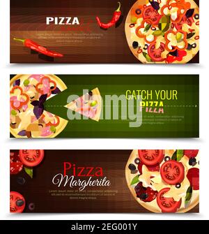 Set di tre striscioni con composizioni di immagini con differenti tipi di pizze e illustrazioni vettoriali di testo modificabili Illustrazione Vettoriale