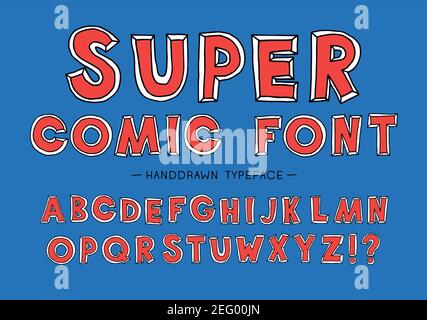 Super uomo fumetto font. Carattere vettoriale disegnato a mano. Alfabeto scritto a mano. Tipo decorativo. Illustrazione vettore font. Illustrazione Vettoriale