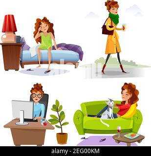 Lavoro donna quotidiana attività di routine dal risveglio 4 cartone animato icone di stile fumetti quadrati illustrazione vettoriale isolata Illustrazione Vettoriale