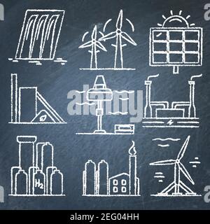 Collezione di energie rinnovabili icone disegnate a mano sulla lavagna. Diversi tipi di simboli delle fonti di energia elettrica ecologica. Illustrazione Vettoriale