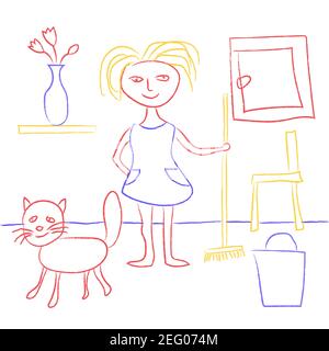 Disegno del bambino con i pastelli. Carino capretti doodle che raffigurano una ragazza e un gatto a casa. Cartoon ragazza o donna sta pulendo. Vettore EPS10. Illustrazione Vettoriale