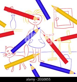 Disegno del bambino con i pastelli. Carino capretti doodle che raffigurano una ragazza e un gatto a casa. Cartoon ragazza o donna sta pulendo. Vettore EPS10. Illustrazione Vettoriale