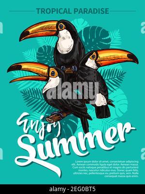 Esotico uccello toucan e foglia di palma poster tropicale. Modello grafico vettoriale per vacanze paradiso estivo o esotico viaggio della giungla pal Illustrazione Vettoriale