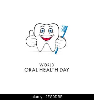 Carattere dentale astratto che fa il pollice in su con lo spazzolino. Design del biglietto di auguri per la Giornata Mondiale della Salute Orale. Illustrazione Vettoriale