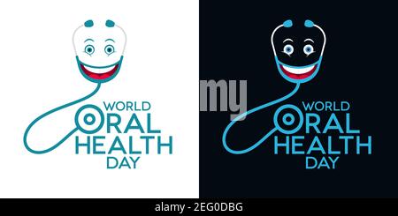 Scritta World Oral Health Day con stetoscopi ed emoticon. Design di biglietti d'auguri. Illustrazione Vettoriale