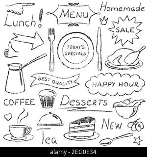 Insieme di elementi di menu disegnati a mano isolati su bianco Illustrazione Vettoriale