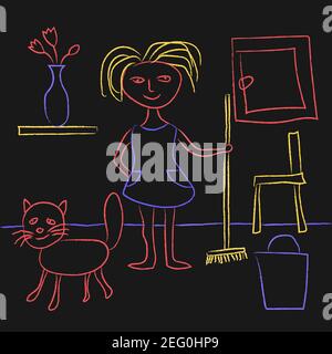 Disegno del bambino con i pastelli. Carino capretti doodle che raffigurano una ragazza e un gatto a casa. Cartoon ragazza o donna sta pulendo. Vettore EPS10. Illustrazione Vettoriale