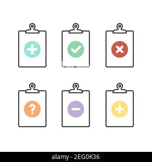 Insieme di icone degli Appunti. Segno di spunta. Elenco di controllo. Segno meno. Segno più. Punto interrogativo. Illustrazione vettoriale, design piatto Illustrazione Vettoriale