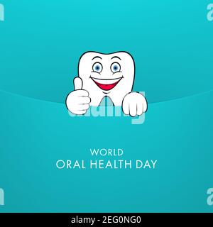 Carattere dentale che esce dalla busta e che fa il pollice in su. Design del biglietto di auguri per la Giornata Mondiale della Salute Orale. Illustrazione Vettoriale