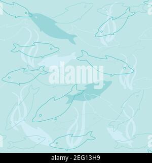 Sfondo vettoriale senza cuciture con delfini in blu Illustrazione Vettoriale