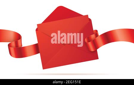 Modello di inviluppo vettoriale rosso. Busta aperta con la lettera e nastro ondulato. Una busta realistica con celebrazione, saluto o biglietto di invito, isolata su sfondo bianco. Illustrazione Vettoriale