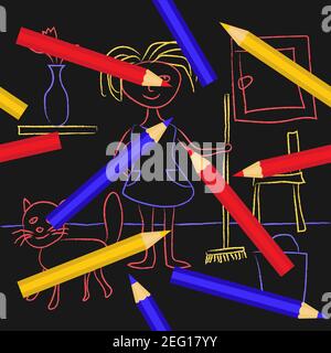 Disegno del bambino con i pastelli. Carino capretti doodle che raffigurano una ragazza e un gatto a casa. Cartoon ragazza o donna sta pulendo. Vettore EPS10. Illustrazione Vettoriale