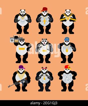 Gruppo Panda Gangster. Fresco Bear Gang di banditi. ANDANATURA gangsta. Rapper di tipo animale Illustrazione Vettoriale