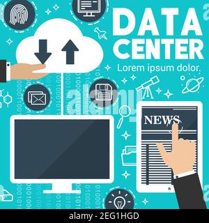 Tecnologia per lo scambio di notizie e dati su Internet o poster sul cloud digitale. Vector flat design di simboli di informazioni digitali, gadget di innovazione, smartphone Illustrazione Vettoriale