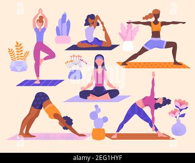 Ampia serie di donne che eseguono pose di yoga assortite Illustrazione Vettoriale