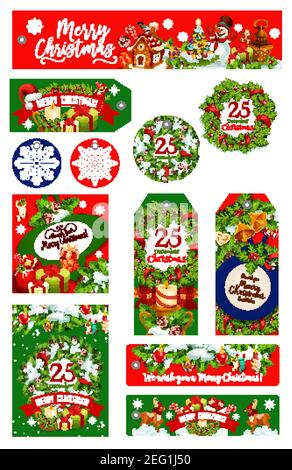 Buon Natale auguri banner, biglietti o tag di auguri di Natale per felice festa invernale. Vettore albero di Natale corona decorazione ghirlanda, Illustrazione Vettoriale