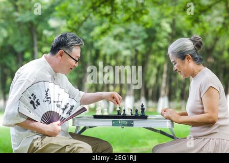Felice vecchia coppia che gioca a scacchi nel parco in estate Foto Stock