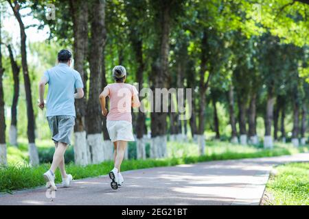 Vecchia coppia che fa jogging nel parco all'aperto vista posteriore Foto Stock