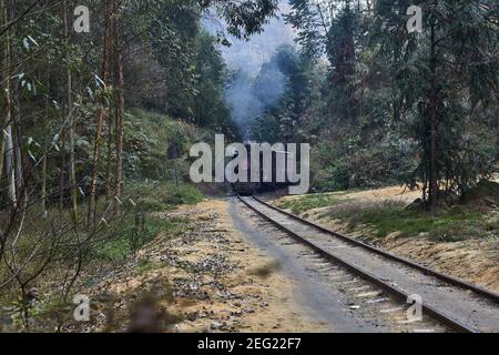 I servizi di trasporto passeggeri sulla linea sono ancora trasportati a vapore. Visto qui tra Xianrenjiao e Jiaoba Foto Stock