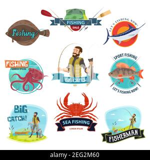 Modelli di icone di pesca per il negozio di pescatori o fisher Store vendita. Vettore simboli isolati di pesce e frutti di mare o pesca verga e appiccicce, esche w Illustrazione Vettoriale