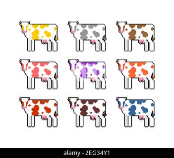 Set ar pixel mucca. 8 bit di vignetta animale fattoria. illustrazione vettoriale Illustrazione Vettoriale