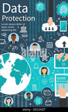 Tecnologia di protezione dei dati Internet, storage digitale e privacy degli utenti. Progettazione vettoriale flat poster di social network, web cloud networking e dati Illustrazione Vettoriale
